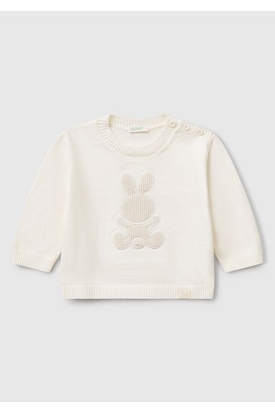 United Colors of Benetton Baby White Rabbit Embroidered Logo Detailed Crew Neck Sweater