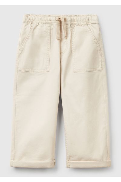 United Colors of Benetton Boy's Ecru Drawstring Waist Jogger Pants with Patch Pockets