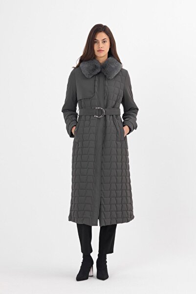 Zühre Kürk Yaka Kapitone Desenli Kemer Detaylı Antrasit Mont 13682