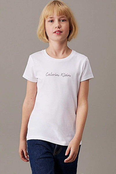 Calvin Klein Kız Çocuk Ck Script Logo Slim T-Shirt - Beyaz
