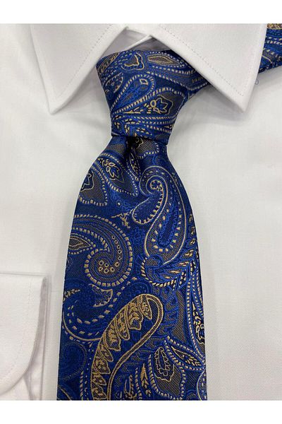 Cacharel Woven Fabric Patterned Navy Blue Yellow Tie