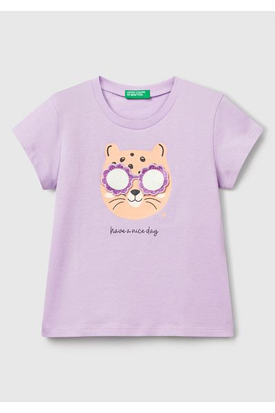 United Colors of Benetton Girl's Lilac Front Printed Crew Neck T-Shirt