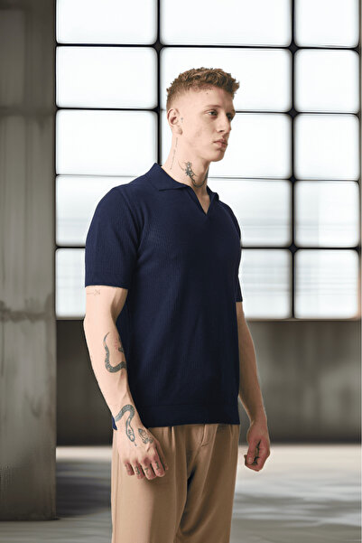 Valiberta Πλεκτό μοτίβο βισκόζης Polo Neck Knitwear Ανδρικό T-Shirt - Navy Blue