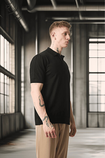 Valiberta Ανδρικό T-Shirt Polo Neck Basic Knitted με κουμπιά - Μαύρο