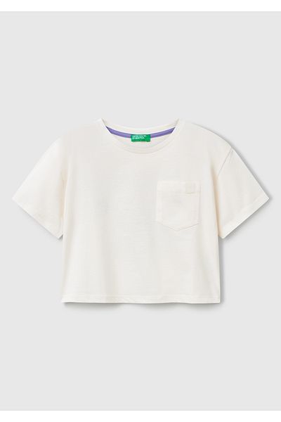 United Colors of Benetton Girl's Ecru T-Shirt with Printed Patch Pocket on the Back