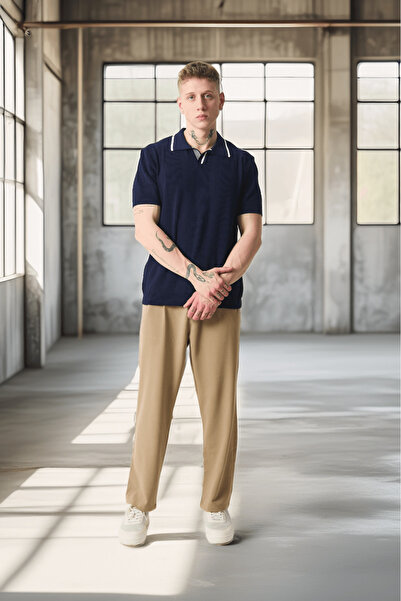 Valiberta Ανδρικό T-Shirt με ριγέ βισκόζη με γιακά πόλο - Navy Blue