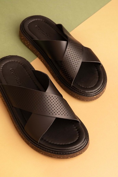 Gondol Erkek Hakiki Deri Çapraz Bant Klasik Terlik Esm.24