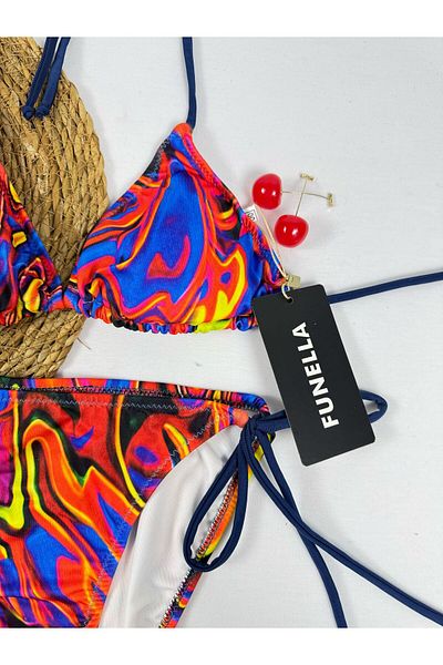 FUNELLA Tie Dye Pattern Triangle Stylish Women's Bikini Set with Tie on the Side and Neck