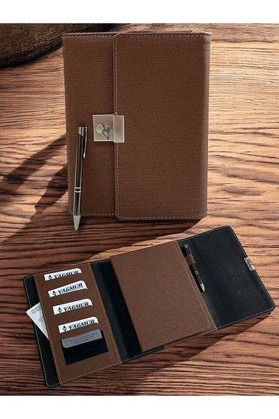 Eren Ofis Handmade Genuine Leather Scrapbook Bag with Key Lock and Pen Set
