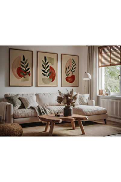 ARTCASTLE Set de 3 tablouri cu ramă din lemn, roșu Boho