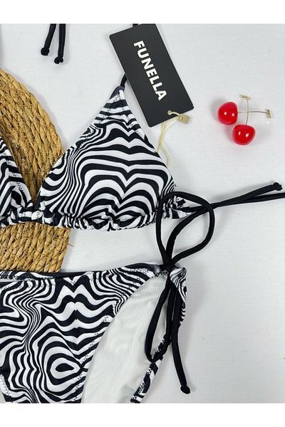 FUNELLA Black and White Zebra Patterned Stylish Women's Bikini Set with Tie on the Side and Neck