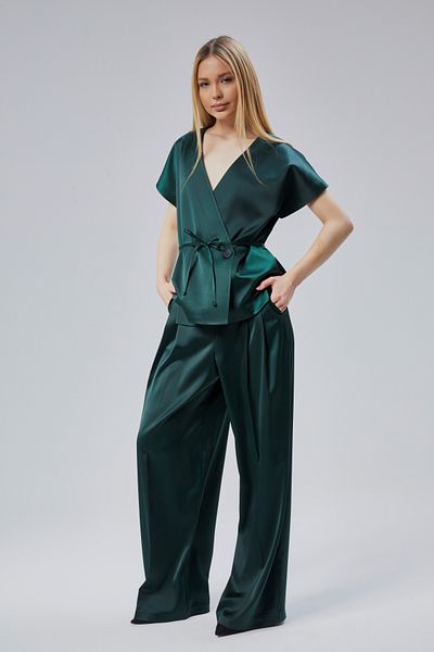 Bolivente Women's V Neck Satin Belt Blouse and Pants Set