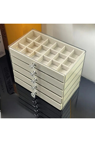 manoir store 5 katlı şeffaf akrilik kadife takı kutusu yüzük kolye küpe bileklik organizeri (18 li 5 çekmece )