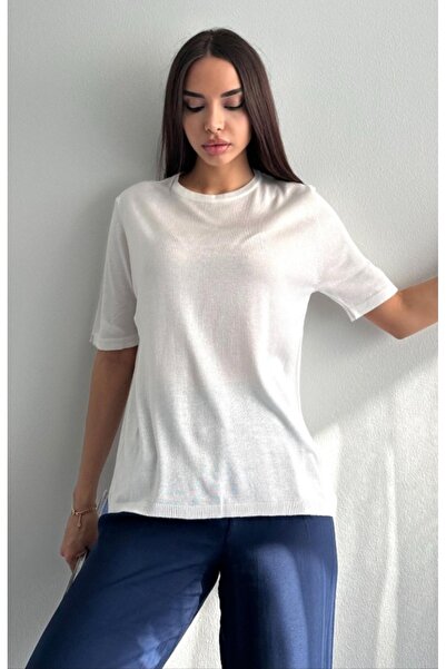 fujya Bluză de tricotaj cu gât roșu pentru femei, albă