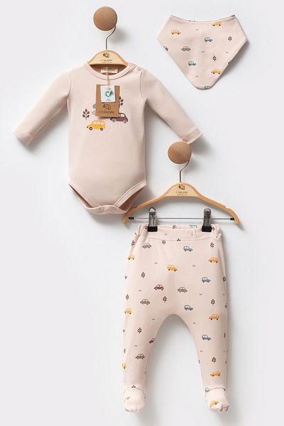 Cassiope Organic Cotton Car Patterned Body Booties Bottom 3-Piece Soft Textured Baby Boy Set