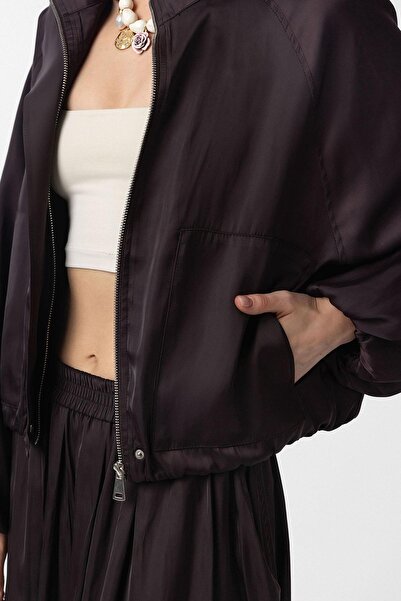 Antioch Brown Stand Collar Slim Women's Bomber Jacket