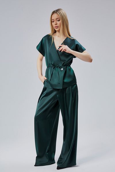 Bolivente Women's V Neck Satin Belt Blouse and Pants Set