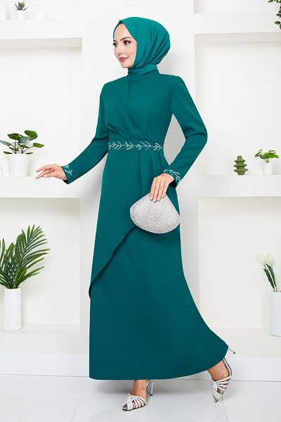 ModaMerve Βραδινό φόρεμα Hijab με κεντημένο μανίκι βενζίνης - 4047KTR927-M