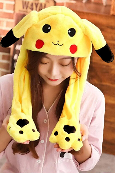 ALFAGİFT Pokemon Pikachu Peluş Oyuncak Şapka- LED Işıklı, Hareketli Kulaklı, Patili Eğlenceli Tasarım