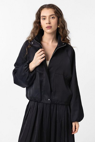 Antioch Black Stand Collar Slim Women's Bomber Jacket