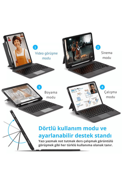 Fuchsia iPad Air 13 M3 2025 Uyumlu Fuchsia Touch Pad Bluetooth Klavyeli Standlı Mıknatıslı Tablet Kılıfı