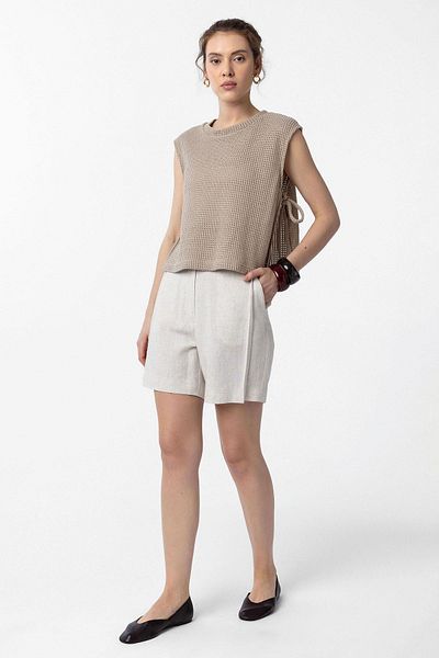 Antioch Beige Lace-Up Knitted Textured Women's Top
