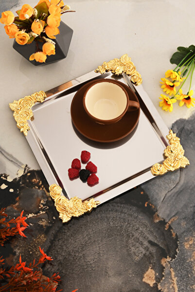 AKSESUAR EVRENİ Alvio Stainless Square 4 Corner Yellow Flower Detailed Presentation Tray Silver 1 Piece