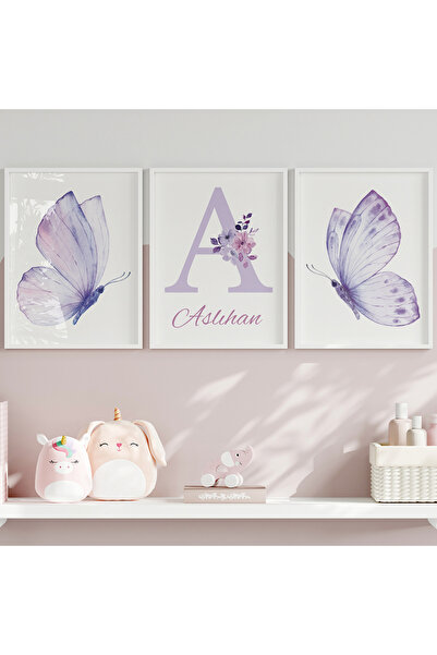 CKA Tasarım Kelebekli Kız Bebek ve Çocuk Odası 3'lü Tablo İsim Seti