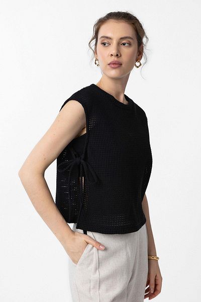 Antioch Black Lace-Up Knitted Textured Women's Top