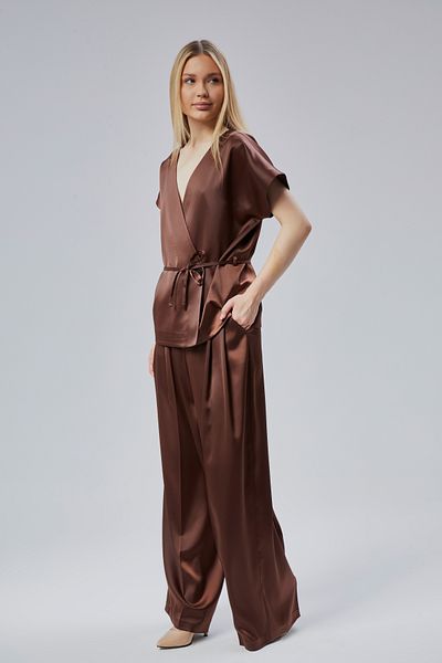 Bolivente Women's V Neck Satin Belt Blouse and Pants Set