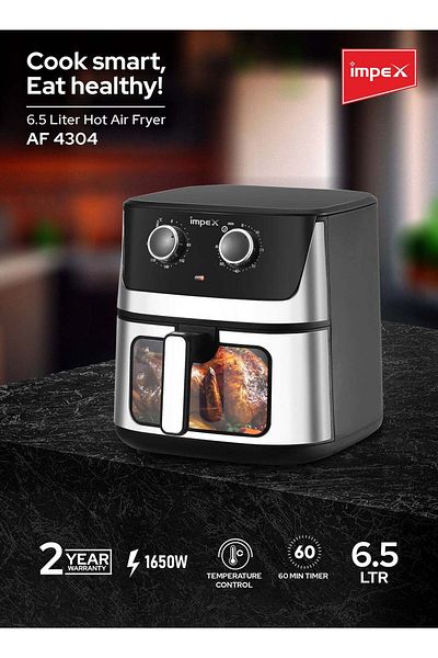 İMPEX IMPEX 6.5L Air Fryer, 1650W, Temp Control, 60-Min Timer, Overheat Protection, Black/Silver - AF 4304