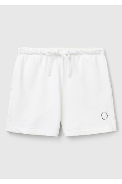 United Colors of Benetton Women's White Cotton Blend Logo Banded Drawstring High Waist Bermuda Shorts