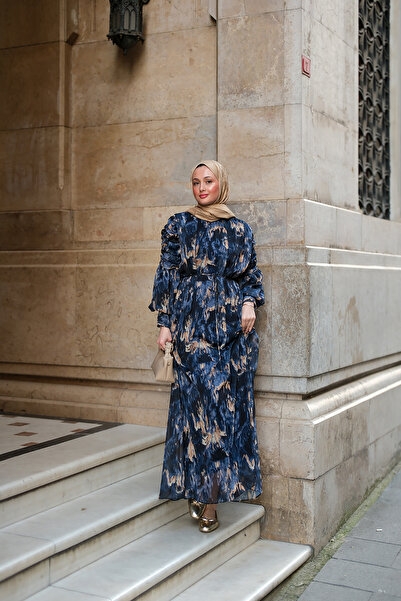 LOCCO Women's Printed Patterned Digital Dress Navy Blue