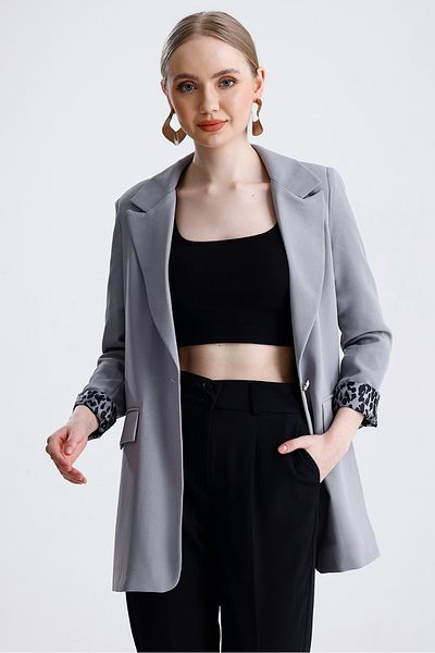 MD trend Women's Leopard Detailed Buttoned Lined Padded Blazer Jacket