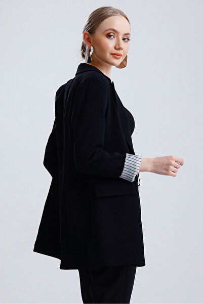 MD trend Women's Striped Sleeve Folded Padded Buttoned Blazer Jacket