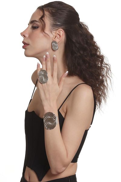 LABALABA Women's Lacquer Silver Color Plated Spiral Printed Design Earring & Ring & Bracelet Set
