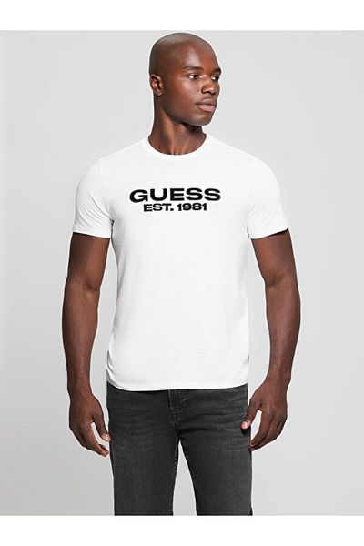 Guess Ss Bsc Velvet Logo Tee Men's White T-Shirt M5Rı50K9Rm1-G011