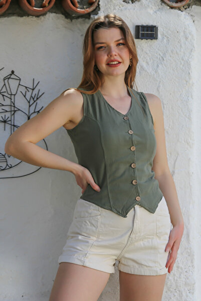 Chiccy Khaki V-Neck Buttoned Washable Handle Casual Fitted Woven Vest 55 45