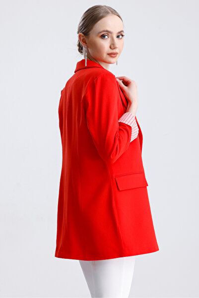 MD trend Women's Striped Sleeve Folded Padded Buttoned Blazer Jacket