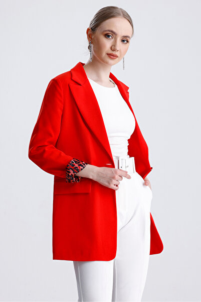 MD trend Women's Leopard Detailed Buttoned Lined Padded Blazer Jacket