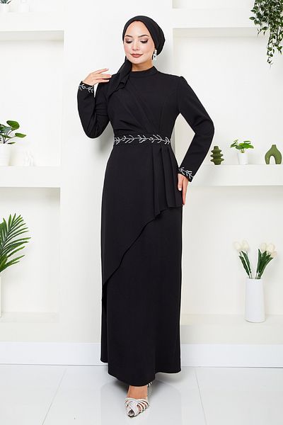ModaMerve Μαύρο βραδινό φόρεμα Hijab - 4047KTR927-M, Κεντημένα μανίκια