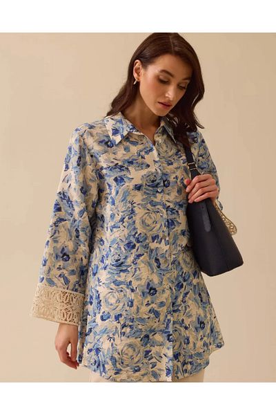 SEÇİL Cămașă albastră cu modele florale cu dantelă