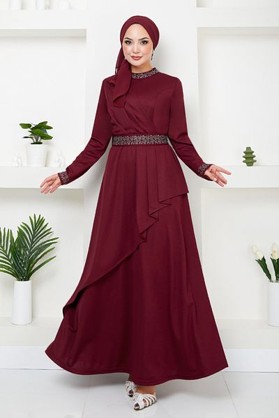 ModaMerve Claret Red Hijab Φόρεμα - Ζώνη με στρας, Μοντέλο No: 268DVL897-M