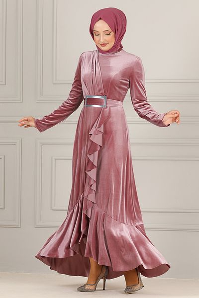 ModaMerve Βελούδινο βραδινό φόρεμα ASM2634 Dusty Rose