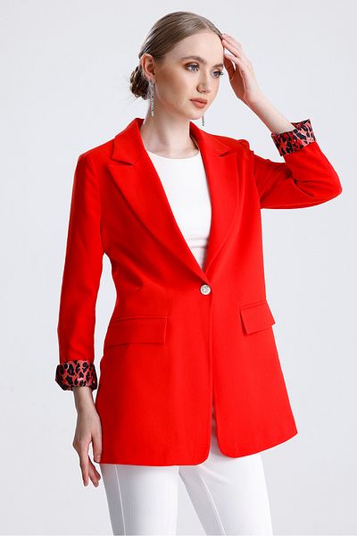 MD trend Women's Leopard Detailed Buttoned Lined Padded Blazer Jacket