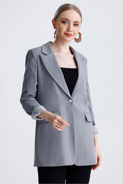 MD trend Women's Striped Sleeve Folded Padded Buttoned Blazer Jacket