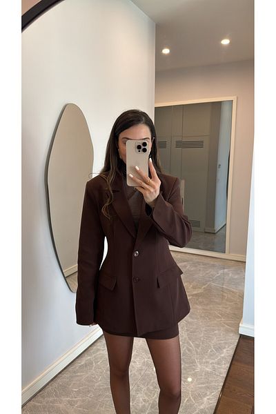 sinemkivanc co Bitter Brown Button Detailed Waist Fitted Skirt Set
