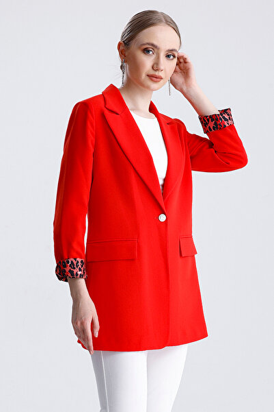 MD trend Women's Leopard Detailed Buttoned Lined Padded Blazer Jacket