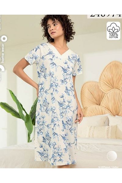 shefox Women's Single Jersey 100% Cotton V-Neck Short Sleeve Nightgown Byaydogan