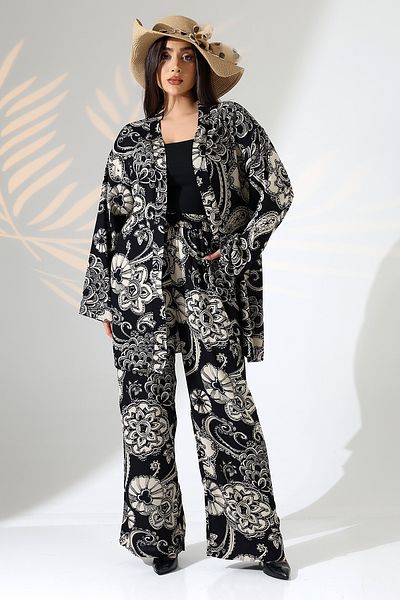forte bella Ethnic Pattern Maxi Bottom-Top Kimono Set